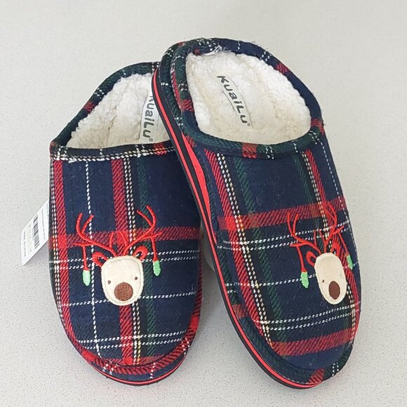 KuaiLu Shoes - KuaiLu Plaid Holiday Reindeer Slippers Size 7